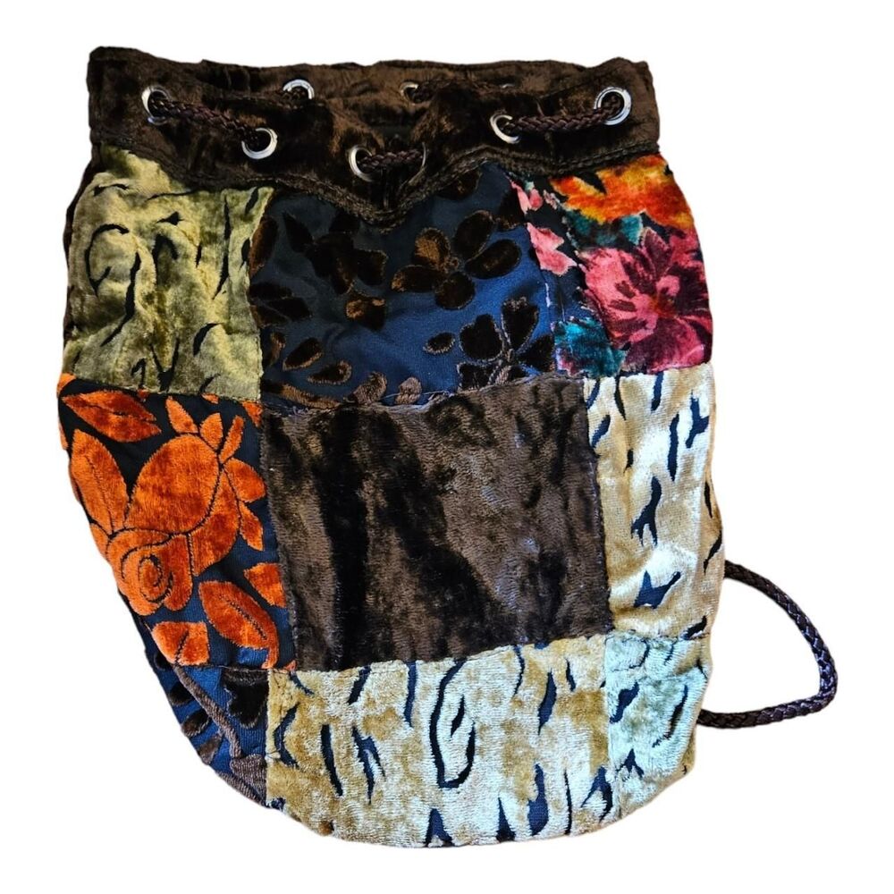 Brown & Orange Patchwork Velour Backpack / Sack - image 7